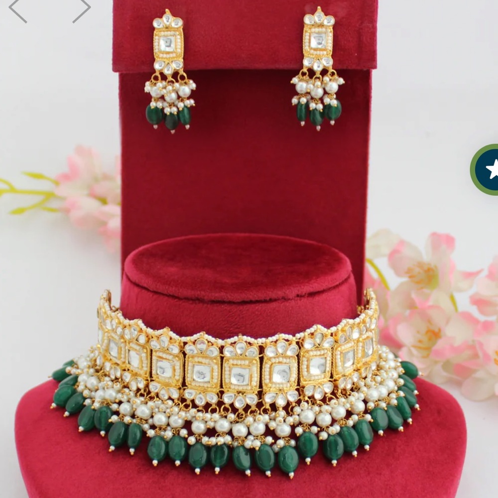 Indian Jewelry | Indian Green Pearl Choker Necklace Set